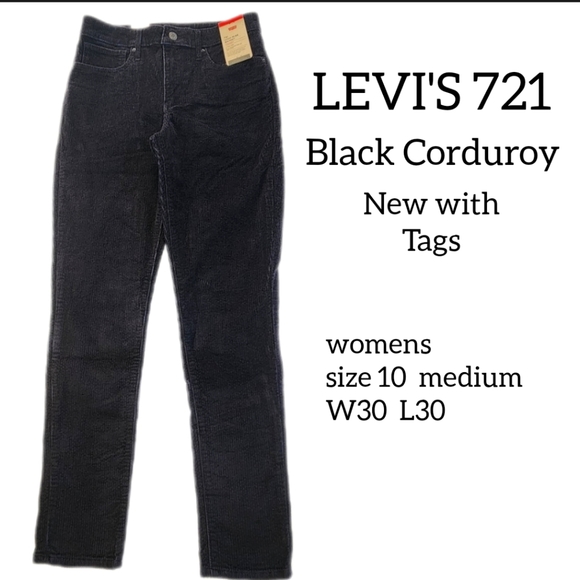 LEVI'S 721 BLACK CORDUROY JEANS WOMENS SIZE 10 MEDIUM  W30 L30 NEW WITH … - Picture 1 of 7